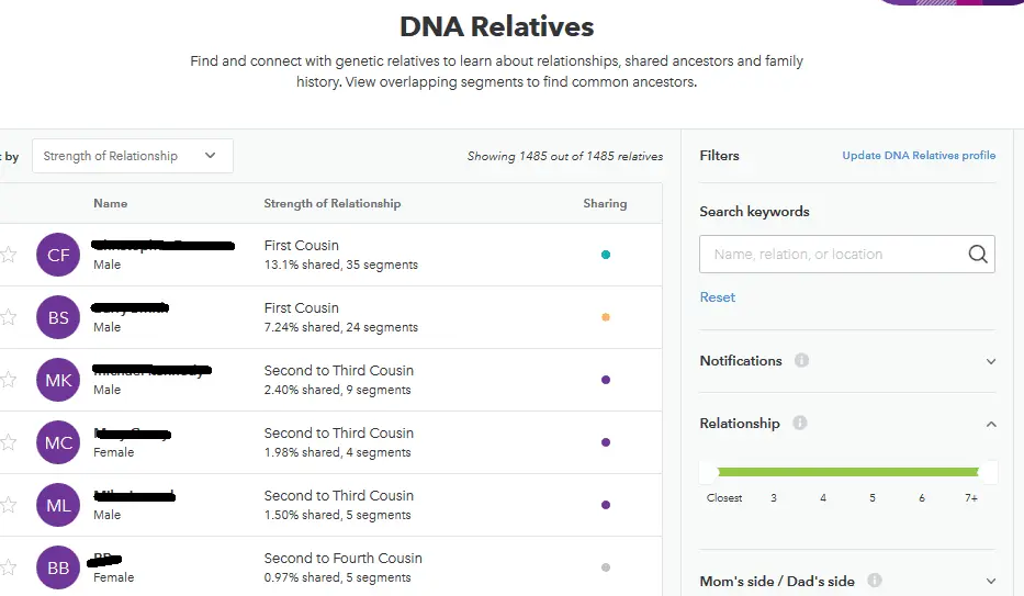 23andme DNA test match screen